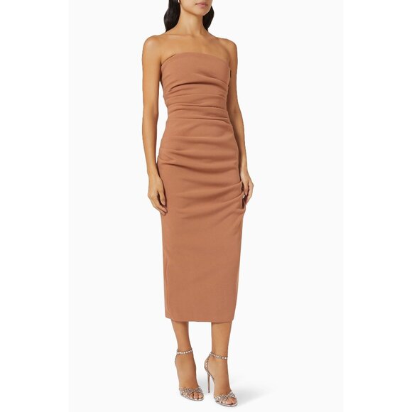 MISHA Calandra Dress in Praline 6 Womens Midi Ruched Cocktail Party - Picture 12 of 14